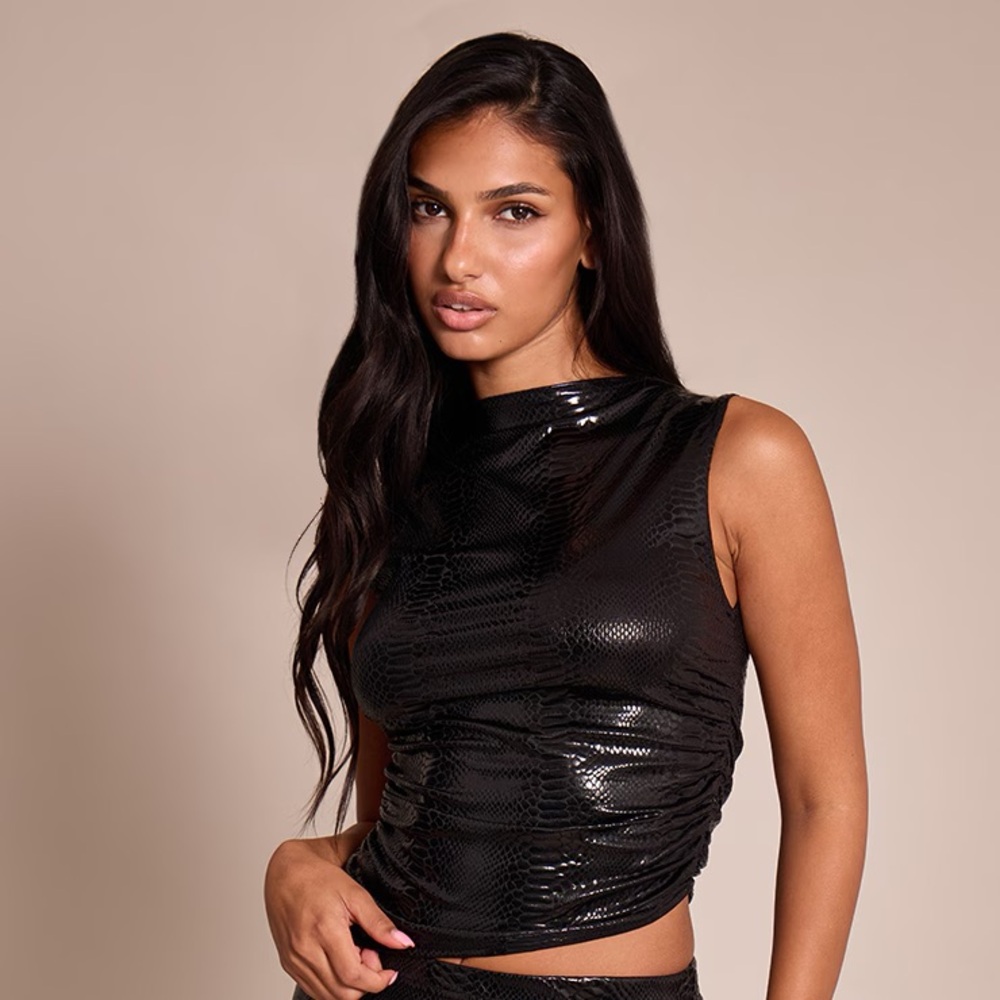 Black Faux Leather Croc embossed Asymmetrical Top NEW 🏷️
